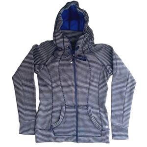Athleta Full Zip Fleece Lined Striped Hoodie Jacket Medium Navy White Ladies